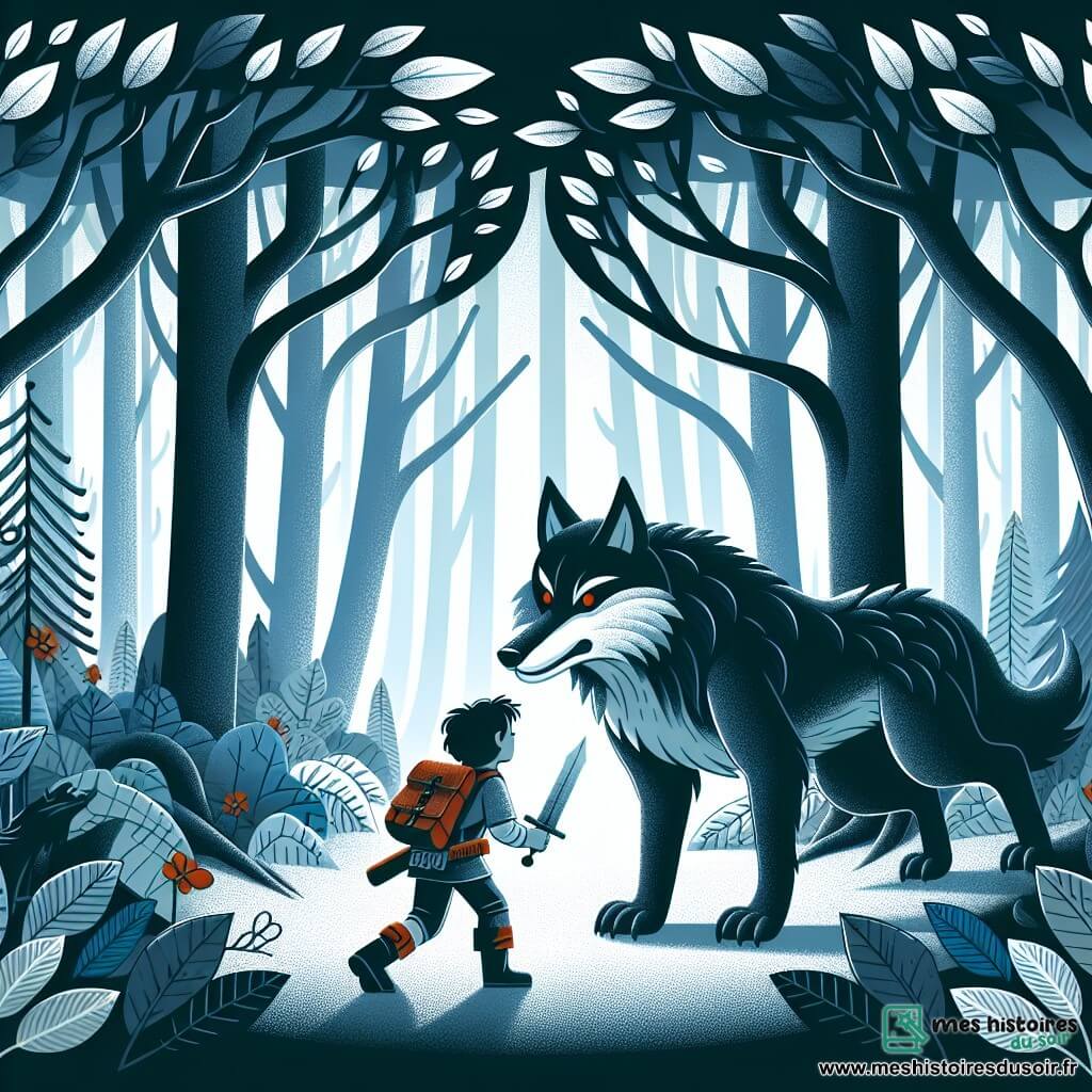 Une illustration destinée aux enfants représentant un jeune aventurier courageux, face à un grand méchant loup, dans une forêt mystérieuse et dense, entourée de majestueux arbres aux feuilles chatoyantes.