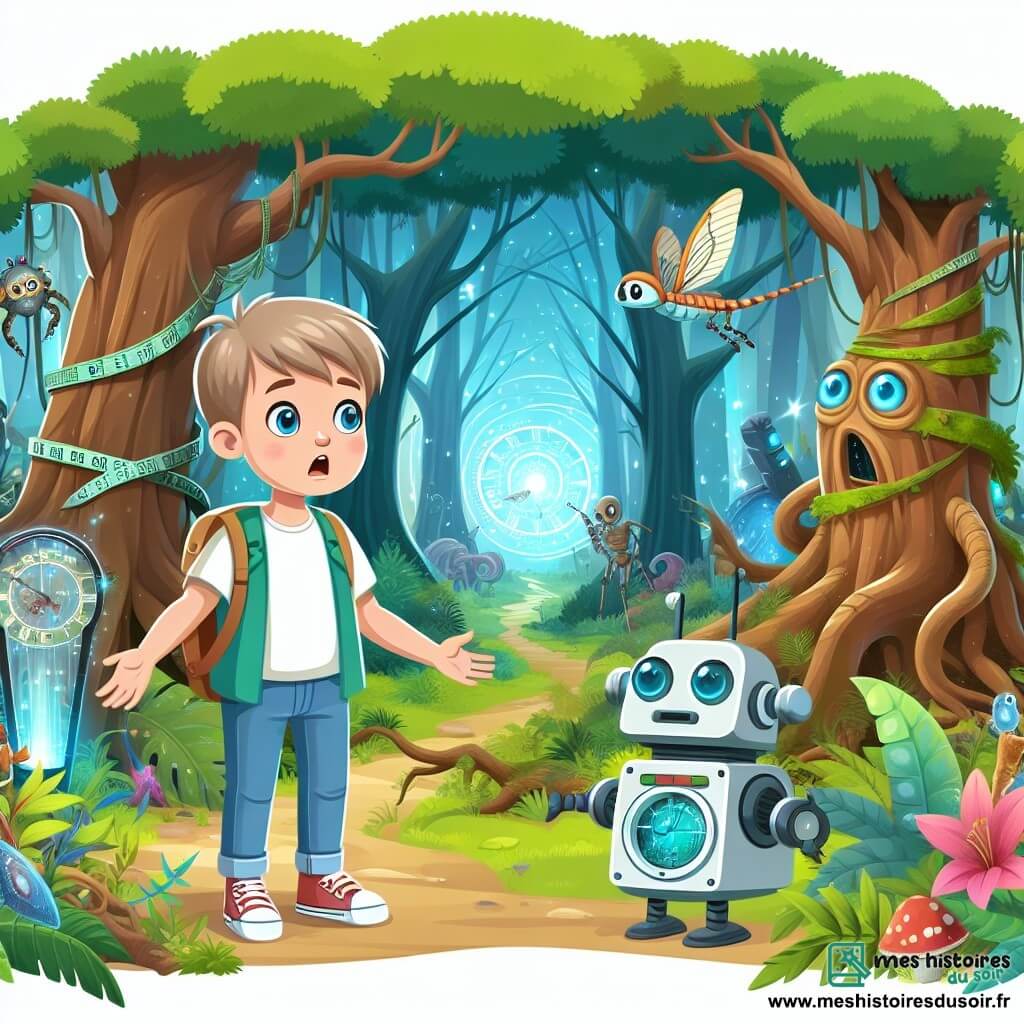 Une illustration destinée aux enfants représentant un jeune garçon émerveillé par un voyage dans le temps, accompagné d'un adorable robot, explorant une forêt luxuriante avec des arbres géants et des créatures fantastiques.