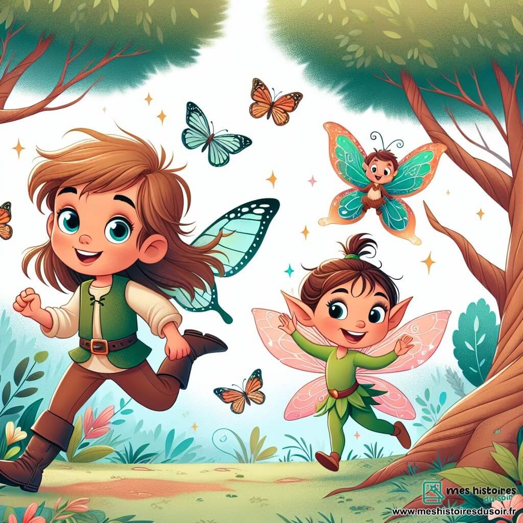 Une illustration destinée aux enfants représentant une jeune fille intrépide, accompagnée d'un lutin malicieux, dans une forêt enchantée aux arbres dansant au rythme du vent, entourée de papillons aux ailes chatoyantes.