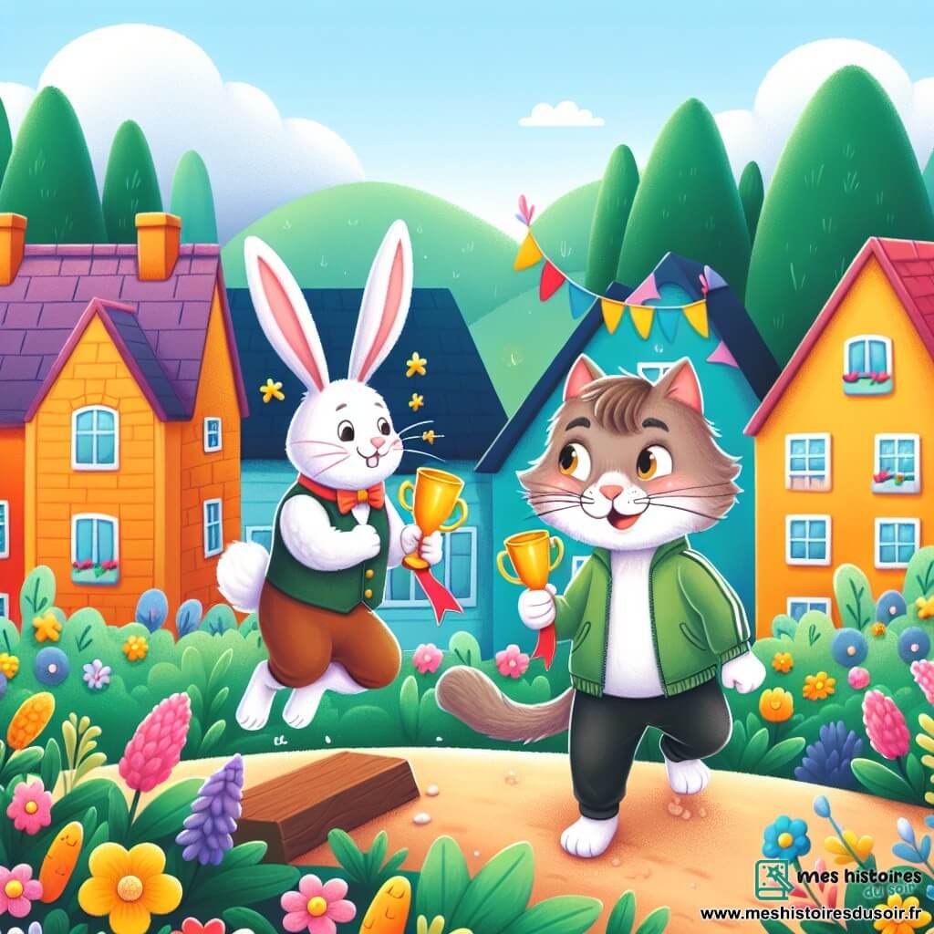 Une illustration destinée aux enfants représentant un chat curieux et aventurier, une fête des animaux avec un lapin compétitif, se déroulant dans un village paisible aux maisons colorées et aux jardins fleuris.