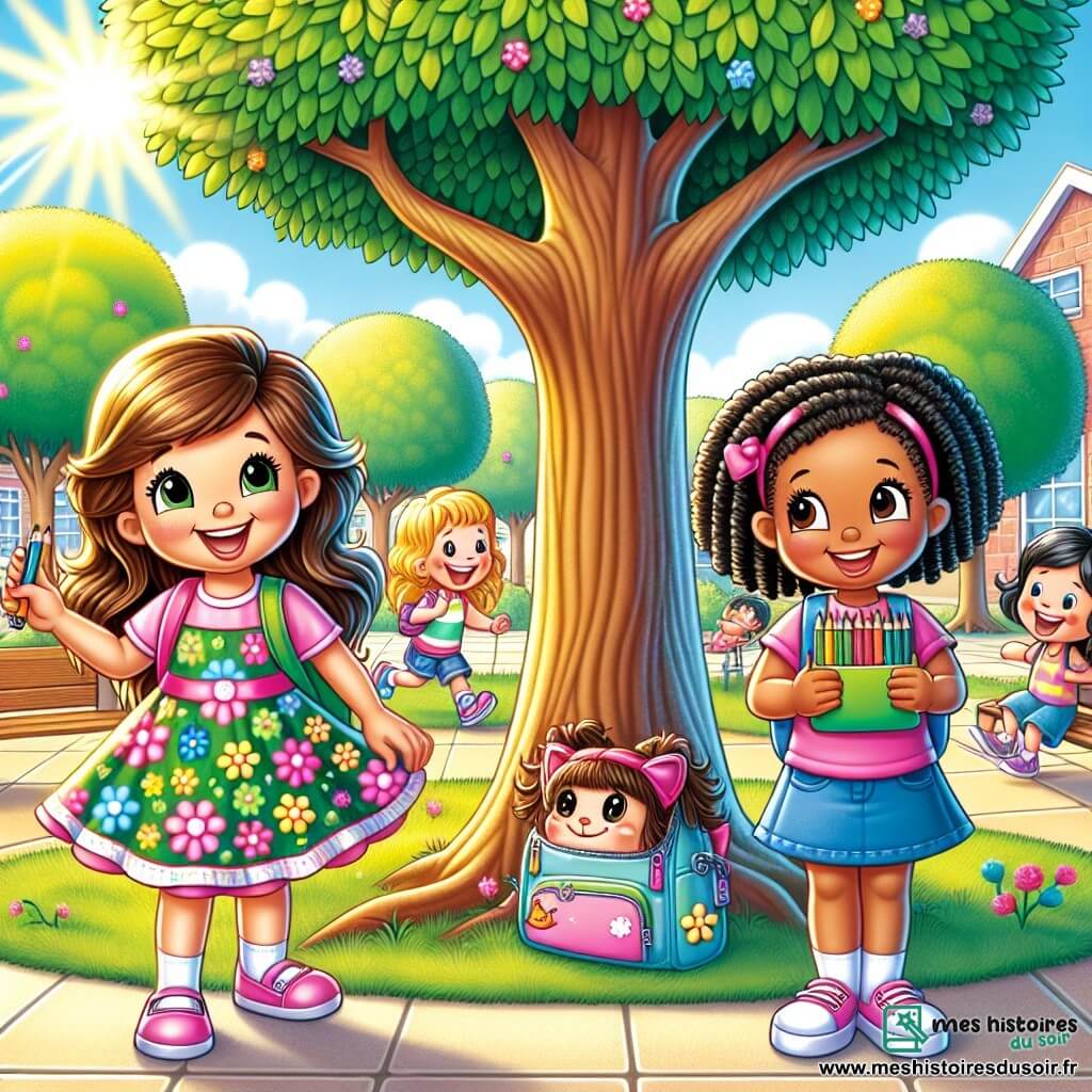 Illustration d'une cour d'école ensoleillée, colorée et animée. Au centre, un grand arbre aux feuilles vertes offre de l'ombre à des enfants. Trois personnages se distinguent : une fille de cinq ans avec de longs cheveux bruns et une robe à fleurs, souriante avec une trousse en forme de chat ; une autre fille avec des cheveux blonds en tresses, vêtue d'un t-shirt rose et riant en montrant des crayons scintillants ; et une petite fille aux cheveux noirs bouclés, assise sur un banc avec une robe bleue, regardant timidement les deux autres. Les deux filles s'approchent de la petite fille, leurs visages rayonnants de gentillesse, prêtes à l'inviter à jouer. En arrière-plan, des enfants courent et rient, tandis que des dessins colorés ornent les murs de l'école, avec des crayons, des ballons et des livres éparpillés, créant une ambiance joyeuse de rentrée des classes.