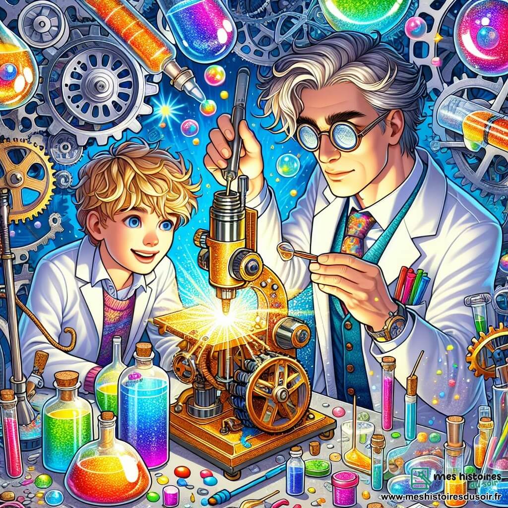 Une illustration sous forme de dessin destinée aux enfants représentant un atelier coloré et chaotique, rempli d'engrenages brillants et de bouteilles aux teintes mystérieuses, où un homme à la chevelure ébouriffée et aux lunettes rondes, vêtu d'une blouse pleine de taches de peinture, est en train de travailler sur un grand appareil en métal brillant, tandis qu'un garçon aux cheveux en bataille et au sourire éclatant l'observe avec émerveillement, tous deux entourés de bulles flottantes et de confettis colorés, symbolisant la magie de leur invention commune, le mélangeur de bonheur.