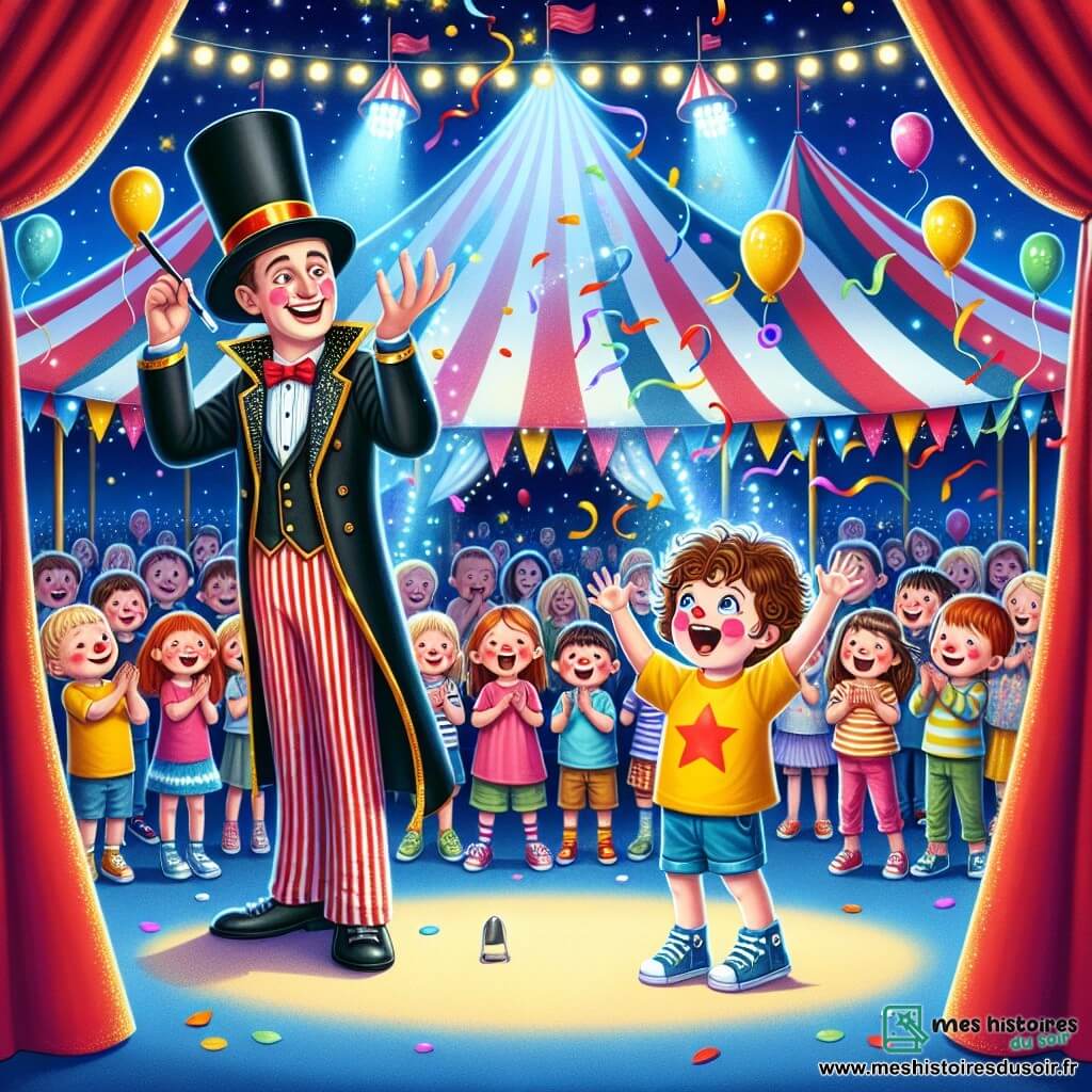 Illustration d'un cirque coloré et animé, avec des tentes rayées rouges et blanches, des lumières scintillantes et des ballons flottants dans le ciel bleu. Au centre, un petit garçon de 3 ans, cheveux bruns en bataille, portant un t-shirt jaune et des baskets bleues, se tient sur scène, les bras levés, émerveillé. À ses côtés, un magicien en costume noir et chapeau haut de forme, âgé d'environ 40 ans, fait un geste théâtral avec sa baguette, entouré de confettis colorés. En arrière-plan, des enfants de 5 à 7 ans regardent, riant et applaudissant, tandis qu'un clown avec un nez rouge jongle. L’atmosphère est joyeuse et festive, remplie de rires et de magie.