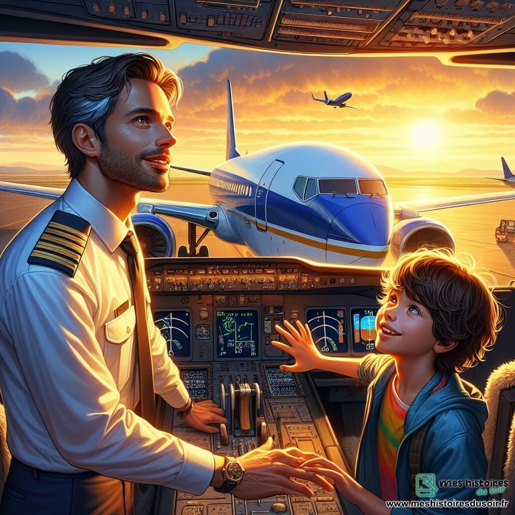 Illustration d'un aéroport animé au lever du soleil, avec un ciel aux nuances dorées et orangées. En arrière-plan, un grand avion bleu et blanc est stationné sur le tarmac, ses ailes scintillant sous la lumière matinale. Au premier plan, un homme d'environ 35 ans, en uniforme de pilote impeccable avec des insignes dorés, vérifie les instruments de l'avion. Il a des cheveux bruns légèrement ondulés, un sourire chaleureux et des yeux pétillants de passion. À ses côtés, un jeune garçon d'environ 10 ans, avec des cheveux en bataille et un t-shirt coloré, observe avec émerveillement, les yeux brillants d'excitation, prêt à poser des questions sur l'avion. La scène illustre le moment où le pilote partage sa passion pour l'aviation avec le garçon, dans une ambiance joyeuse et inspirante, entourée de nuages doux, d'oiseaux au loin et d'autres avions en arrière-plan, créant une atmosphère dynamique.