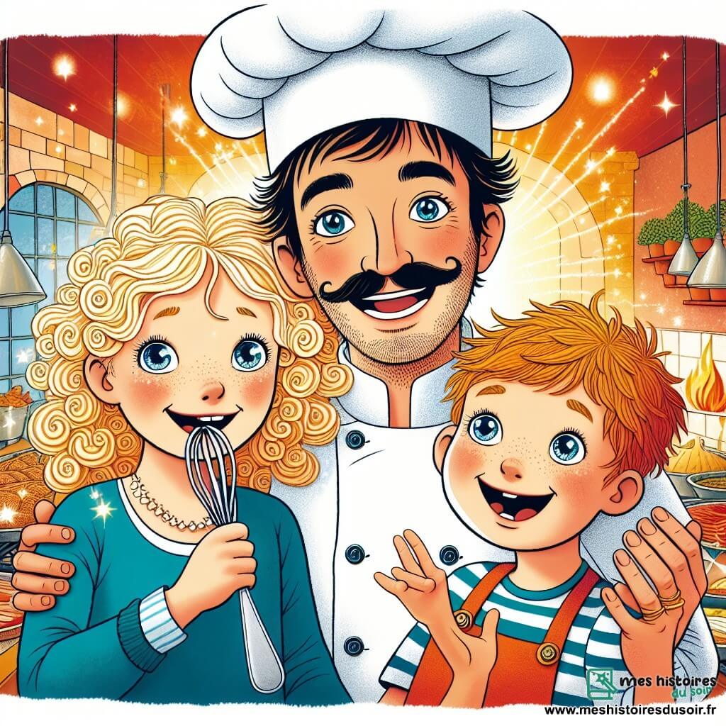 Une illustration destinée aux enfants représentant un chef cuisinier homme passionné de cuisine, accompagné d'une fillette aux boucles blondes et d'un garçon espiègle aux yeux pétillants, dans la cuisine chaleureuse et colorée du restaurant "La Petite Poêle" de Pommeville.