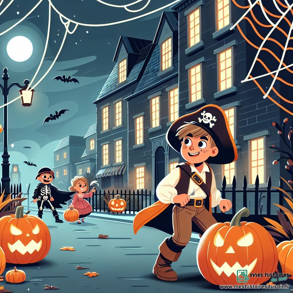 Une illustration destinée aux enfants représentant un jeune garçon déguisé en pirate courageux, explorant une maison hantée sinistre avec ses amis, dans une rue décorée de citrouilles lumineuses et de toiles d'araignée en plastique pour Halloween.