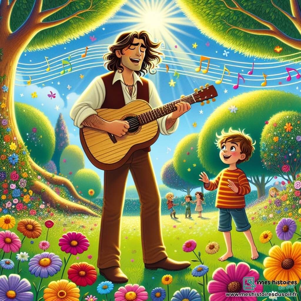 Illustration d'une scène vibrante dans un parc ensoleillé de Melodiville, où des fleurs colorées dansent au vent et des arbres majestueux offrent de l'ombre. Au centre, un homme passionné, aux cheveux bruns légèrement ondulés et une guitare en bois, chante avec enthousiasme, sa voix flottant dans l'air. À ses côtés, un jeune garçon de dix ans, aux cheveux bouclés et au sourire éclatant, joue de la guitare avec joie et admiration. Ensemble, ils créent une mélodie magique qui attire l'attention des enfants captivés par leur performance, tandis que des notes de musique colorées flottent autour d'eux, ajoutant une touche de magie à cette scène musicale.
