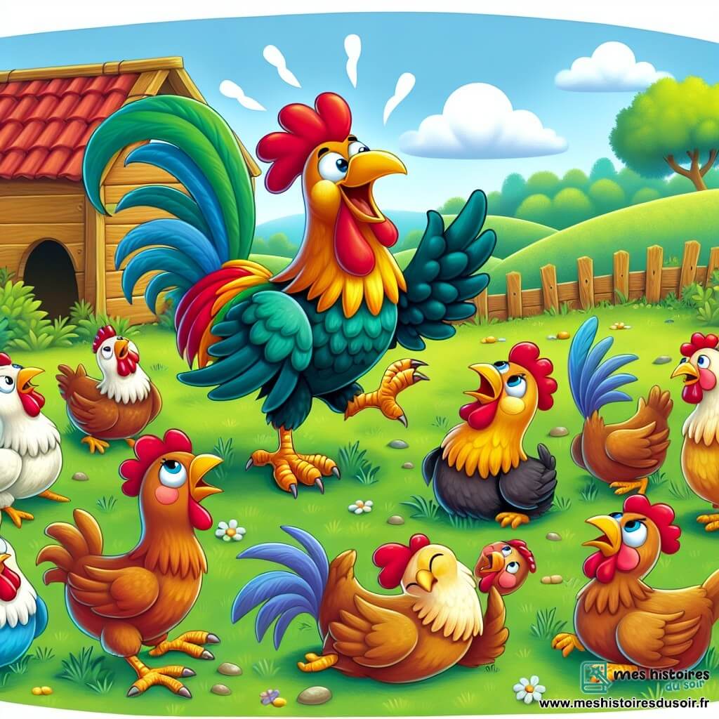 Une illustration destinée aux enfants représentant un coq farceur multicolore en train de jouer des tours amusants à des poules perplexes dans une ferme paisible entourée de champs verdoyants et de poulaillers en bois.