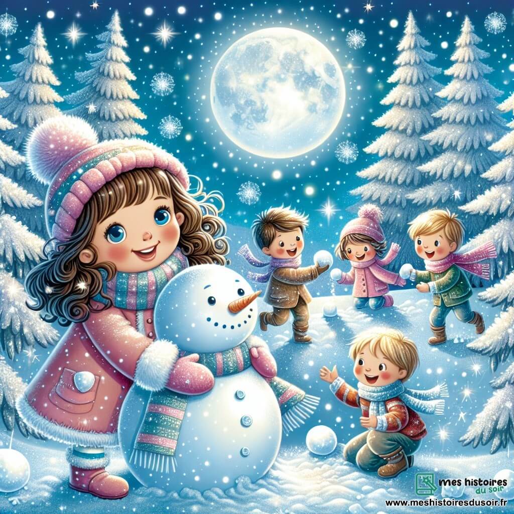 Une illustration sous forme de dessin destinée aux enfants représentant un paysage hivernal féerique avec des sapins chargés de neige scintillante, au premier plan, une fille de 7 ans aux cheveux bruns et bouclés, vêtue d'un manteau rose et d'une écharpe rayée, qui rit en construisant un bonhomme de neige avec des amis, deux garçons aux cheveux blonds et aux joues rosies par le froid, lançant des boules de neige dans une ambiance joyeuse et enjouée, tandis qu'un ciel bleu éclatant et une pleine lune brillante ajoutent une touche magique à cette scène d'hiver.