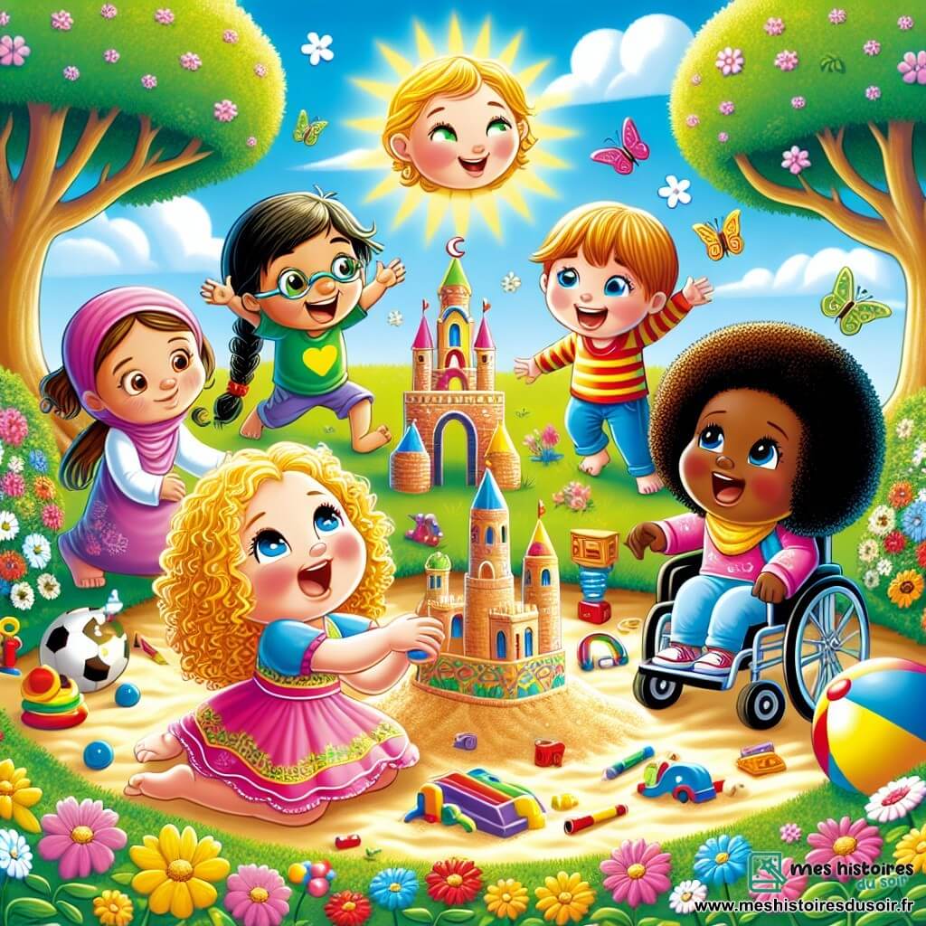 Illustration destinée aux enfants représentant un groupe d'enfants de cinq ans jouant ensemble dans un parc ensoleillé, rempli de fleurs colorées et d'arbres majestueux. Au centre, une petite fille aux cheveux blonds et bouclés, vêtue d'une robe rose, rit en construisant un château de sable, tandis qu'une petite fille aux cheveux noirs et brillants, d'origine algérienne, danse joyeusement autour d'elle. À côté, une petite fille aux cheveux bruns et bouclés, d'origine européenne, raconte une histoire avec des gestes animés, et un garçon aux cheveux châtains, en fauteuil roulant, sourit en les regardant, tenant un ballon coloré. L'atmosphère est remplie de rires et de joie, symbolisant l'amitié et la tolérance entre les enfants, avec des jouets éparpillés et un ciel bleu parsemé de nuages blancs.