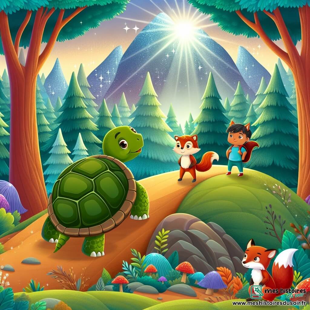 Une illustration destinée aux enfants représentant une tortue courageuse se tenant au sommet d'une colline escarpée, accompagnée d'un écureuil garçon et d'un renard garçon, dans une forêt enchanteresse aux arbres majestueux et aux couleurs chatoyantes.