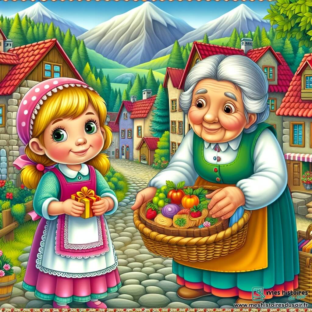 Une illustration destinée aux enfants représentant une fillette curieuse et espiègle préparant un cadeau pour sa maman chérie, accompagnée de sa douce grand-mère, dans un petit village caché au creux des montagnes, avec des rues pavées, des maisons aux toits rouges et des arbres verdoyants.
