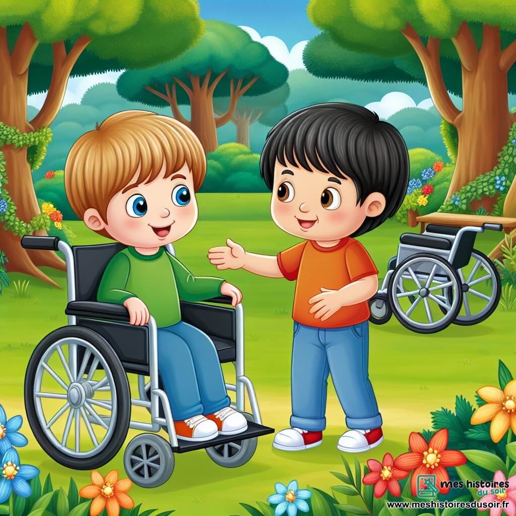 Une illustration destinée aux enfants représentant un garçon curieux et plein d'énergie, faisant la rencontre d'un nouvel ami en fauteuil roulant, dans un parc verdoyant aux arbres majestueux et aux fleurs multicolores.