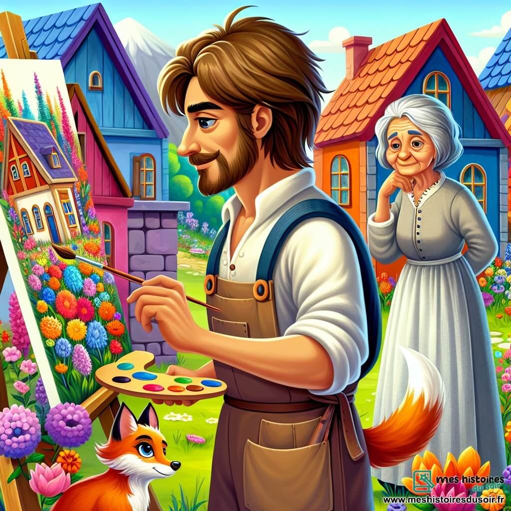 Une illustration sous forme de dessin destinée aux enfants représentant un village coloré aux maisons vives et aux fleurs éclatantes, où un homme aux cheveux bruns et à la barbe soignée, vêtu d'une blouse de peintre, se tient devant une toile sur un chevalet, concentré sur son œuvre, tandis qu'une vieille femme aux cheveux argentés, vêtue d'une robe en lin léger, l'observe avec bienveillance, et un renard rusé aux yeux malicieux se faufile dans l'herbe, symbolisant la magie et l'aventure qui l'attendent alors qu'il s'apprête à peindre la beauté de son monde pour sauver les couleurs de son village.