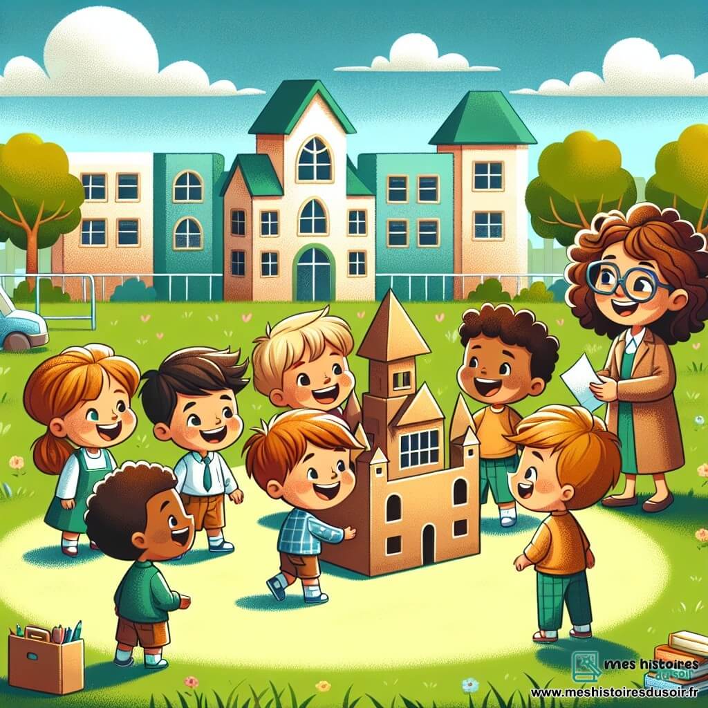 Une illustration sous forme de dessin destinée aux enfants représentant une cour d'école ensoleillée, où un groupe d'enfants de 7 ans, composé de garçons aux cheveux bruns et blonds, et d'une fille aux cheveux châtains, s'active joyeusement autour d'un grand château en carton qu'ils ont construit ensemble, avec des sourires éclatants sur leurs visages, tandis qu'une maîtresse souriante, aux cheveux bouclés et portant des lunettes, les observe avec bienveillance, créant une atmosphère d'excitation et de camaraderie à l'occasion de leur rentrée scolaire.