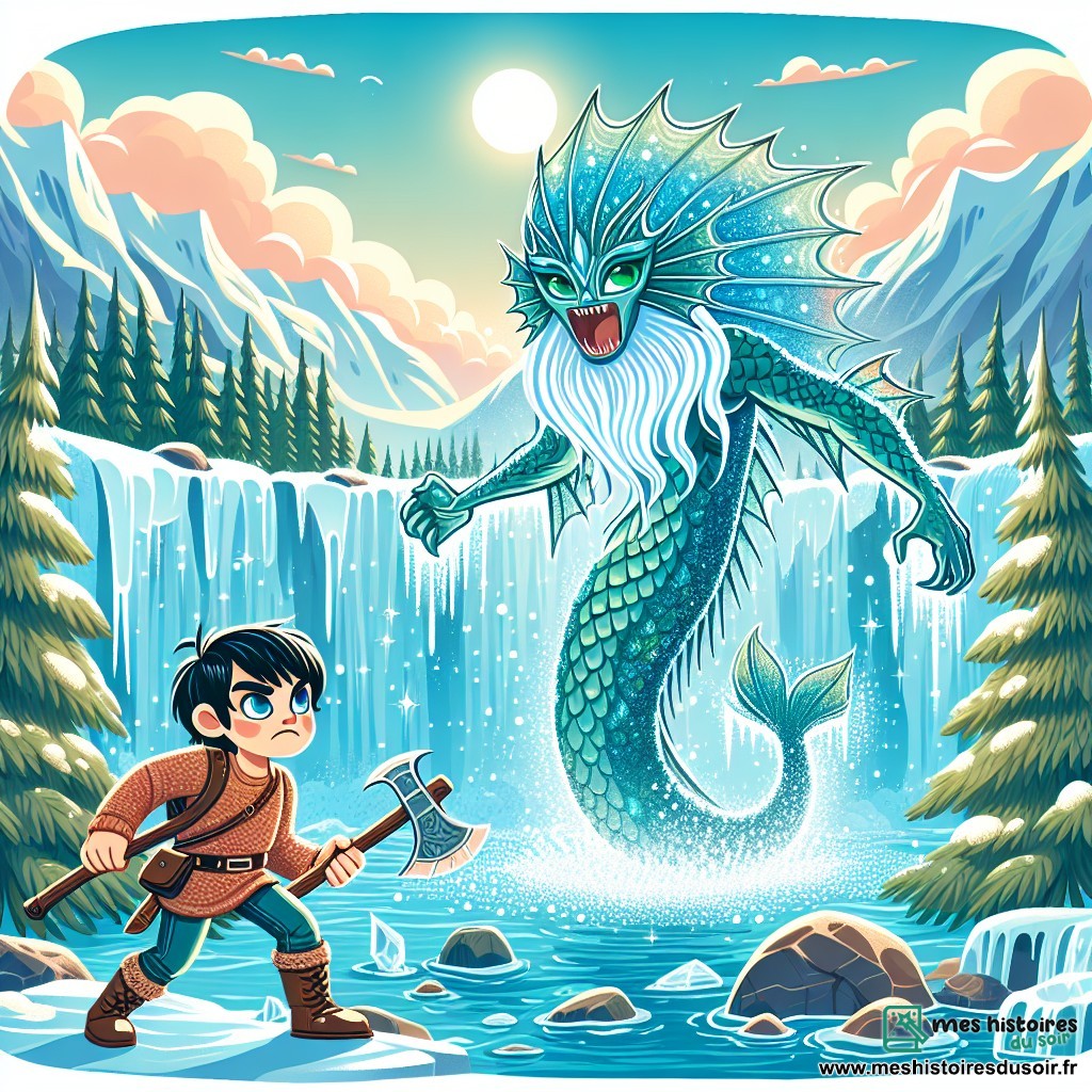Une illustration sous forme de dessin destinée aux enfants représentant un paysage enchanteur de la vallée de Niflheim, avec des cascades gelées scintillant sous la lumière du soleil, où un jeune homme aux cheveux noirs et aux yeux bleus, brandissant une hache, se tient courageusement face à un majestueux Gardien de l'Eau, une créature mi-humaine mi-poisson aux écailles brillantes et aux yeux émeraude, alors qu'une brume légère s'élève autour d'eux, symbolisant l'appel des ancêtres et la quête héroïque qui commence.