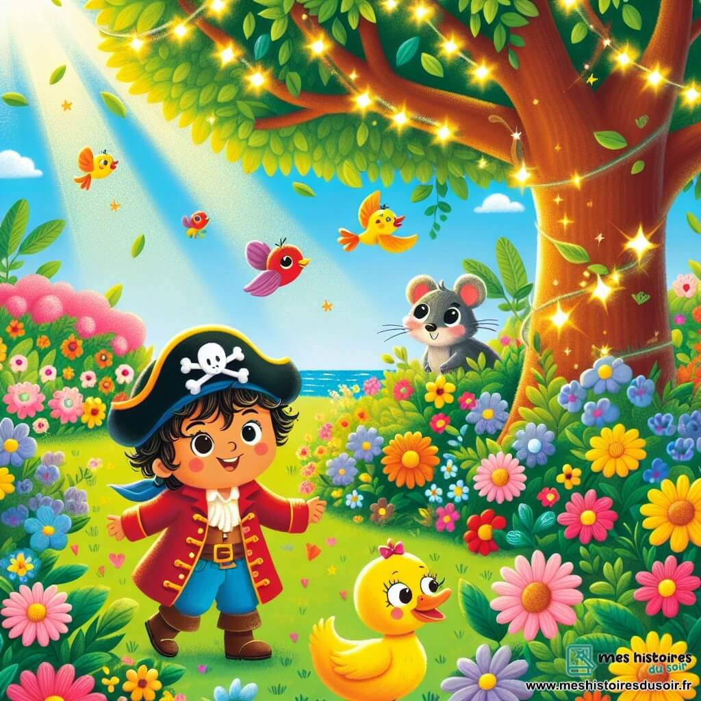 Une illustration sous forme de dessin destinée aux enfants représentant un jardin ensoleillé avec des fleurs colorées et un grand arbre, où un garçon de 3 ans aux cheveux bouclés et aux yeux pétillants, portant un chapeau de pirate et un manteau rouge, cherche sa chaussette perdue, tandis qu'un canard jaune aux plumes brillantes bat des ailes joyeusement à ses côtés et une petite souris grise avec de grands yeux curieux observe la scène, le tout dans une ambiance ludique et pleine de magie, illustrant l'aventure amusante de la recherche de la chaussette dansante.