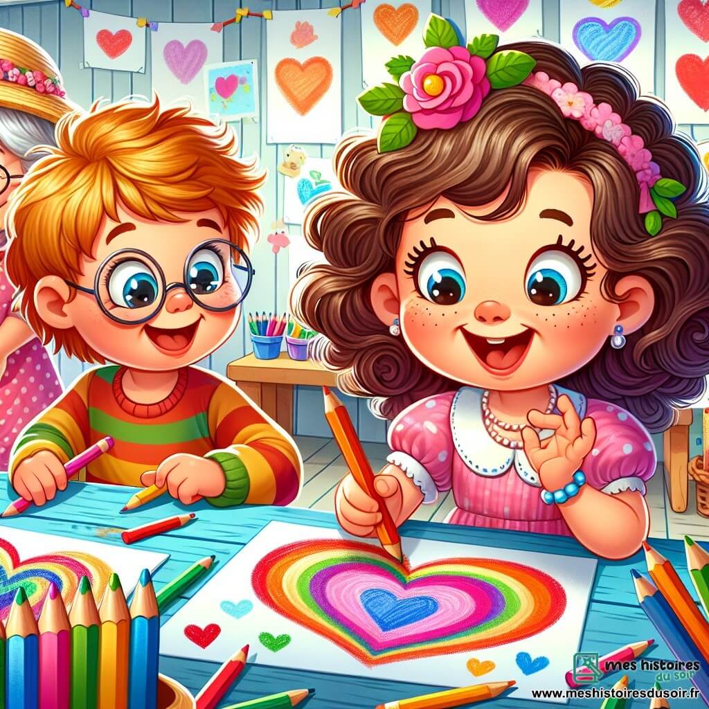 Une illustration sous forme de dessin destinée aux enfants représentant une salle de classe lumineuse et colorée, avec des murs décorés de dessins d'enfants, où une petite fille de 5 ans aux cheveux bouclés et aux yeux pétillants, concentrée et souriante, dessine un grand cœur coloré sur une feuille de papier, tandis qu'un petit garçon aux lunettes rondes, enthousiaste, jongle avec des crayons de couleur à côté d'elle, et une maîtresse bienveillante avec un chapeau fleuri observe la scène avec un sourire, capturant l'excitation et la créativité des enfants qui préparent des surprises pour la fête des mères.
