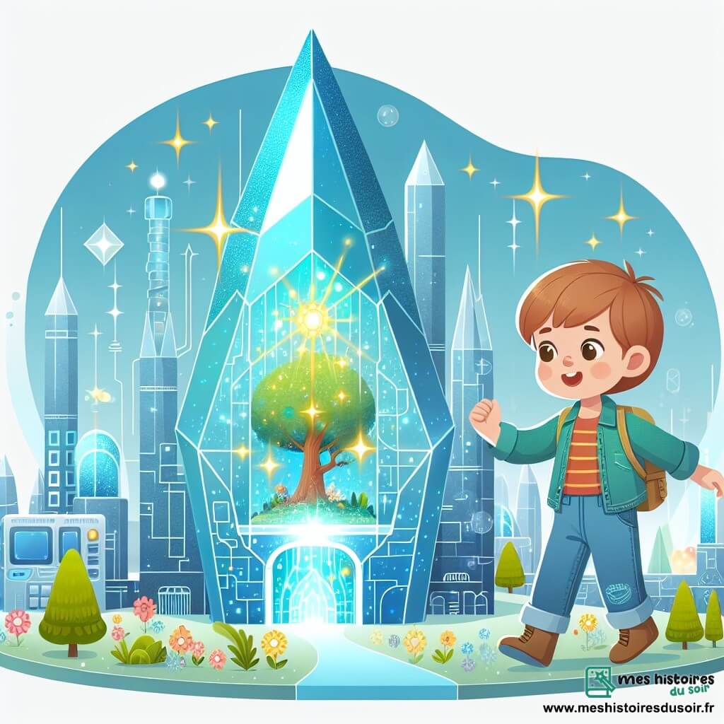 Une illustration destinée aux enfants représentant un jeune garçon curieux explorant une ville futuriste étincelante, avec en toile de fond une tour de cristal scintillante et un jardin magique caché au sommet.