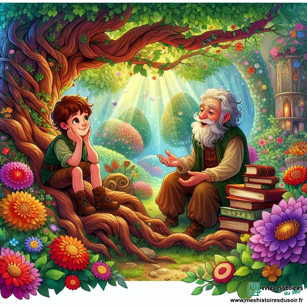 Une illustration sous forme de dessin destinée aux enfants représentant un jardin enchanteur aux couleurs vives, avec des fleurs multicolores et un arbre majestueux au centre, où un garçon de 7 ans aux cheveux châtains et aux yeux pétillants, assis sur une racine noueuse, écoute attentivement un sage aux cheveux gris et au visage ridé, entouré de livres anciens, alors qu'ils échangent des leçons de vie sur l'amitié et la vérité, le tout baigné dans une lumière douce et chaleureuse, évoquant un sentiment de paix et de curiosité.