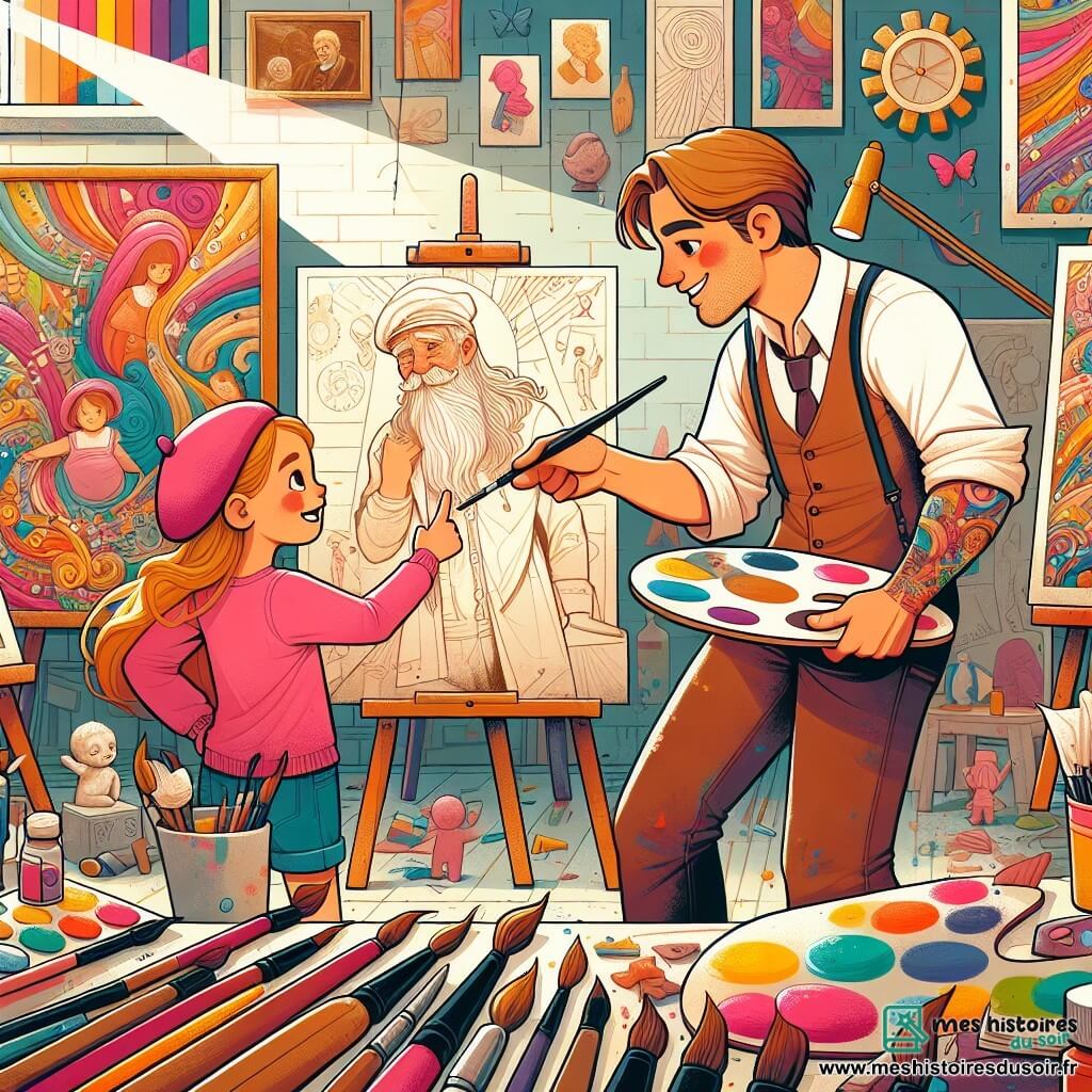 Une illustration destinée aux enfants représentant un jeune homme passionné par le dessin, qui rencontre un artiste âgé et se lance dans un apprentissage artistique, accompagné d'une petite fille nommée Léa, dans un atelier d'art coloré et animé, rempli de toiles, de sculptures et de pinceaux.