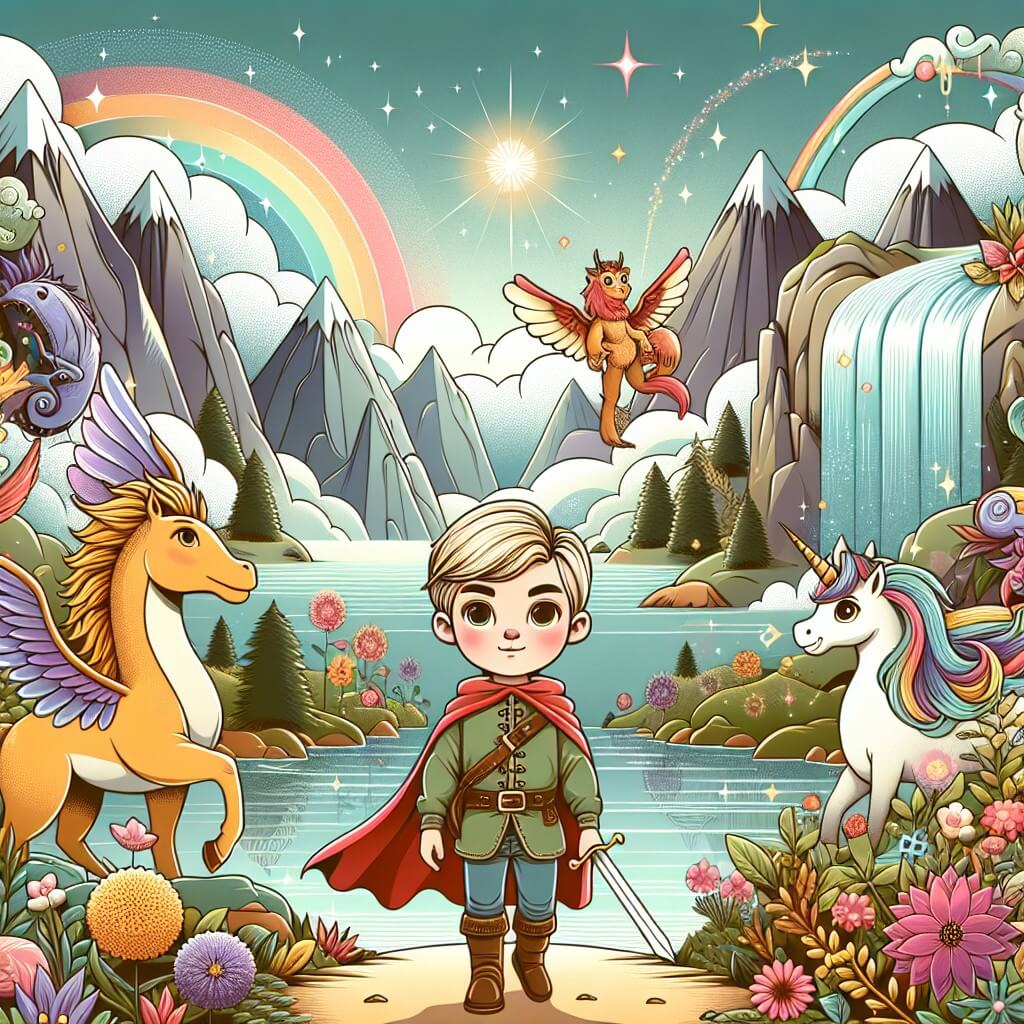 Une illustration destinée aux enfants représentant un jeune garçon intrépide, embarqué dans une quête extraordinaire avec l'aide de créatures magiques, dans un monde féérique rempli de montagnes majestueuses, de cascades scintillantes et de fleurs multicolores.