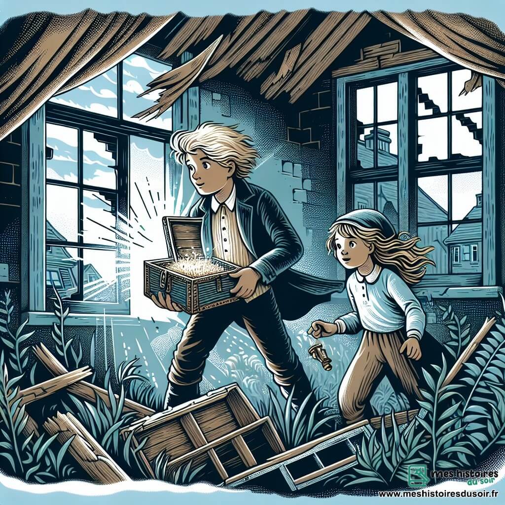 Une illustration destinée aux enfants représentant un jeune garçon curieux et courageux découvrant un trésor caché avec l'aide d'une jeune fille intrépide, dans un vieux manoir abandonné aux fenêtres brisées et aux volets battant au vent.