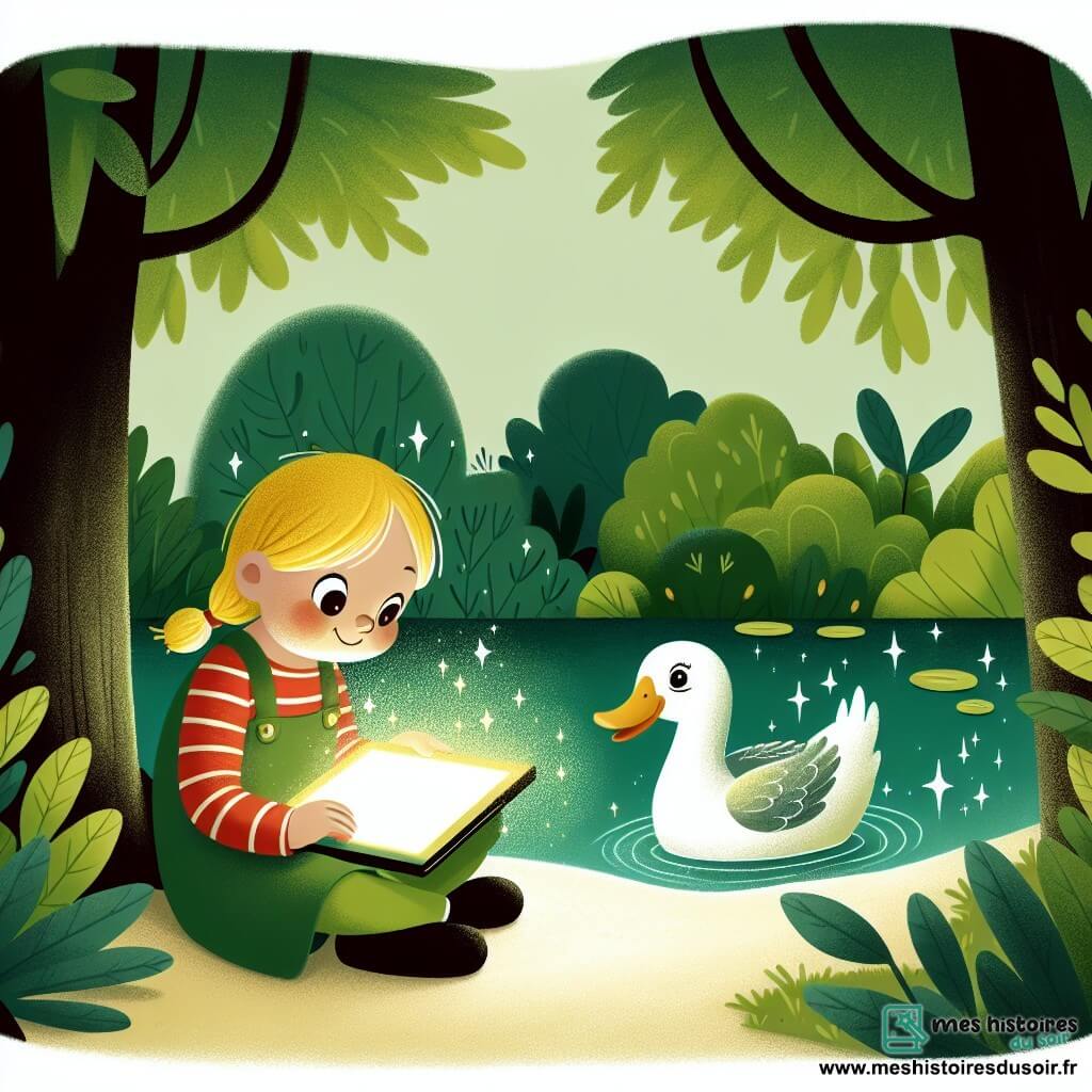 Une illustration destinée aux enfants représentant une fille captivée par un écran lumineux, accompagnée d'un canard aux plumes miroitantes, assise au bord d'un étang caché derrière des arbres verdoyants.