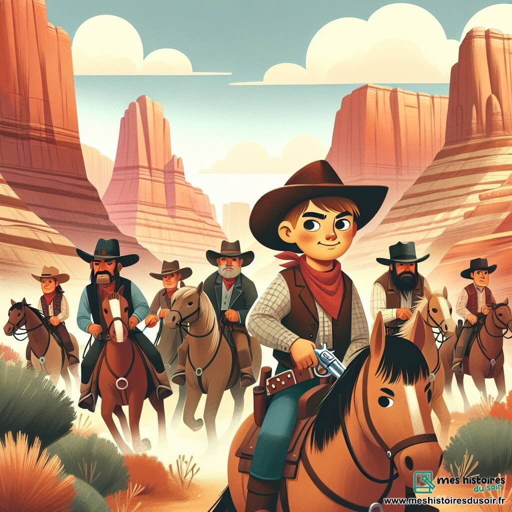 Une illustration destinée aux enfants représentant un jeune cow-boy courageux, entouré de ses amis cow-boys, chevauchant à travers les canyons arides et les montagnes escarpées de l'Ouest américain, à la poursuite de bandits, dans un décor sauvage et ensoleillé.