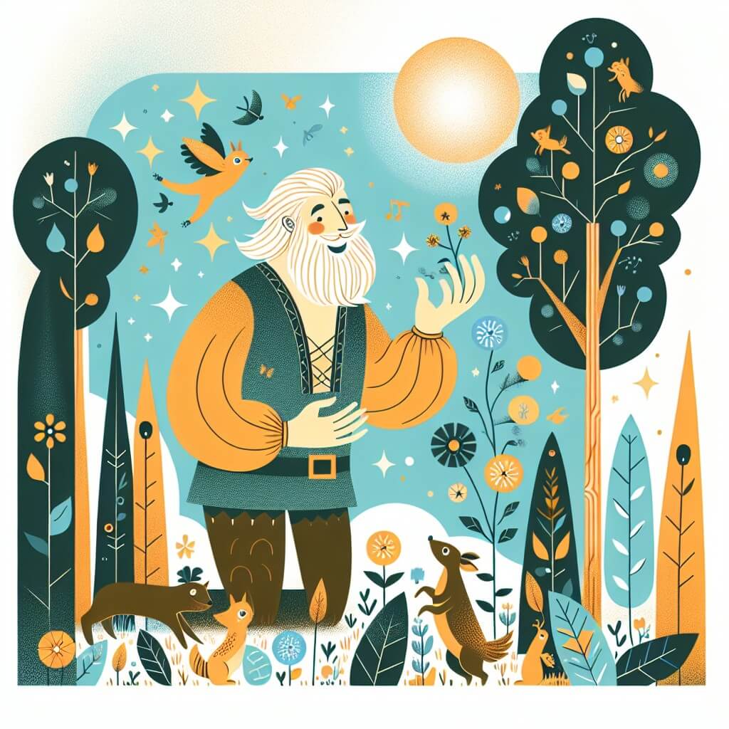 Une illustration destinée aux enfants représentant un géant rigolo se retrouvant dans un monde fantastique rempli de créatures amicales, où les arbres touchent le ciel et les fleurs sont plus grandes que lui.