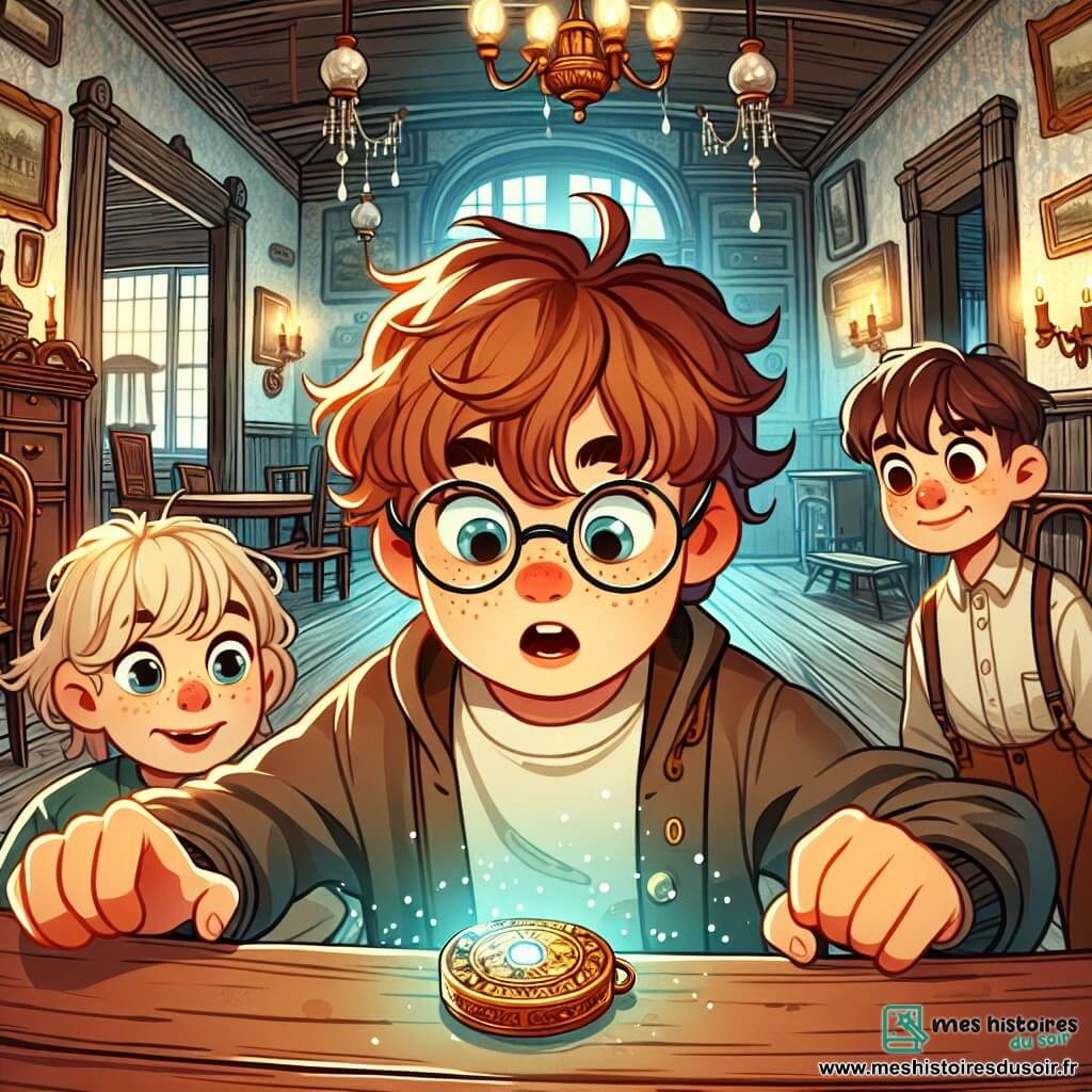 Une illustration sous forme de dessin destinée aux enfants représentant l'intérieur d'un vieux manoir mystérieux, avec un garçon de 9 ans aux cheveux bruns en bataille et portant des lunettes, fouillant avec curiosité une grande salle poussiéreuse remplie de meubles anciens, tandis que deux de ses amis, une fille aux cheveux blonds et une autre garçon aux cheveux châtains, l'observent avec des yeux pétillants d'excitation, tous trois découvrant un médaillon scintillant sur une table, symbolisant le début de leur enquête pour résoudre le mystère du manoir hanté.