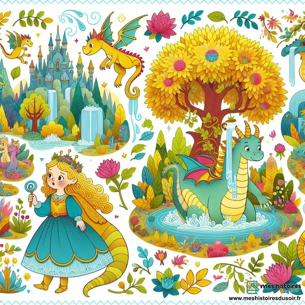 Une illustration destinée aux enfants représentant une princesse aventureuse, accompagnée d'un petit dragon dodu et coloré, explorant le Jardin Magique aux arbres aux feuilles dorées, aux fontaines de nectar coloré et aux créatures merveilleuses du royaume enchanté de Floralia.