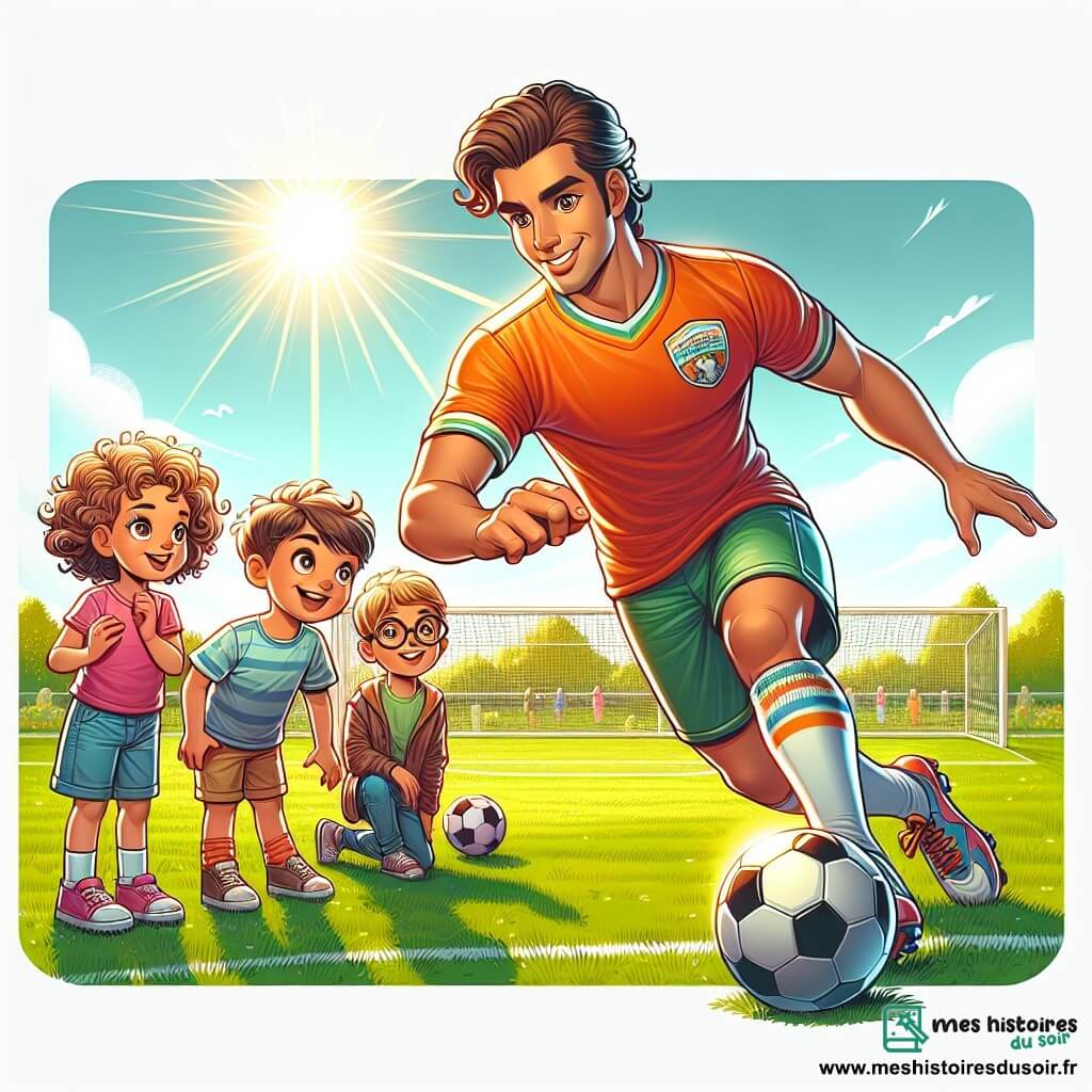 Une illustration sous forme de dessin destinée aux enfants représentant un terrain de football ensoleillé, où un homme athlétique aux cheveux bruns et aux yeux pétillants, vêtu d'un maillot aux couleurs vives, dribble avec agilité un ballon, tandis qu'un groupe d'enfants, dont une fille aux cheveux bouclés et un garçon aux lunettes épaisses, l'observe avec émerveillement et enthousiasme, illustrant un moment de partage et d'apprentissage autour de la passion du football.