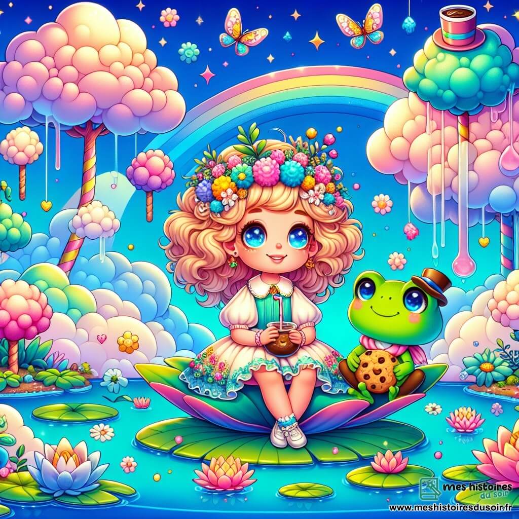 Illustration d'un paysage féerique du Pays des Nuages Flottants, avec des arbres en barbe à papa pastel s'élevant vers un ciel azur parsemé de nuages cotonneux. Au centre, une petite fille de 7 ans, cheveux bouclés et dorés, vêtue d'une robe légère à fleurs colorées, est assise sur un nénuphar dans un lac de chocolat chaud, les yeux brillants d'émerveillement, tenant un biscuit aux pépites de joie. À ses côtés, une grenouille verte avec un chapeau haut-de-forme et des lunettes rondes, perchée sur une feuille, lui parle avec un sourire sage. La scène respire la magie et la curiosité, avec des couleurs vives, des oiseaux chantants formant des arcs-en-ciel, et des pétales de fleurs dansant dans l'air, créant une ambiance joyeuse et rêveuse.