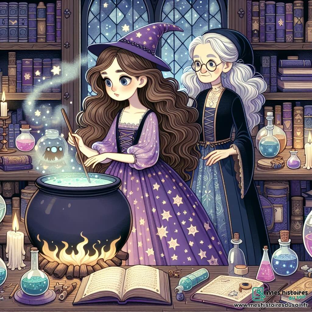Une illustration sous forme de dessin destinée aux enfants représentant l'atelier d'une sorcière, un espace magique rempli de livres anciens et de potions colorées, où une jeune apprentie sorcière aux cheveux longs et ondulés, vêtue d'une robe violette ornée de motifs étoilés, est en train de mélanger des ingrédients dans un grand chaudron fumant, tandis qu'une vieille sorcière aux cheveux argentés et à la robe en velours bleu, observant attentivement, lui donne des conseils sages sur l'art de la magie, alors qu'une lumière douce émane d'un médaillon magique posé sur la table, symbolisant leur quête pour retrouver un grimoire volé.