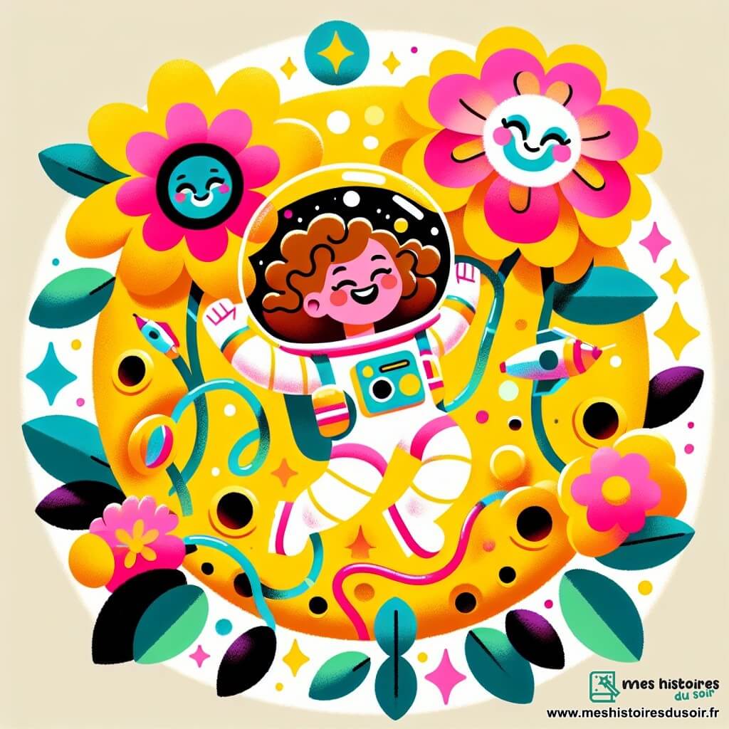 Une illustration sous forme de dessin destinée aux enfants représentant une planète jaune éclatante, parsemée de fleurs géantes aux couleurs vives, où une astronaute joyeuse, une femme aux cheveux bouclés et au sourire éclatant, danse parmi les fleurs tout en tenant des outils brillants, tandis que des fleurs anthropomorphes aux visages souriants l'entourent, l'aidant à construire une maison lumineuse, symbolisant l'amitié et l'aventure dans l'espace.