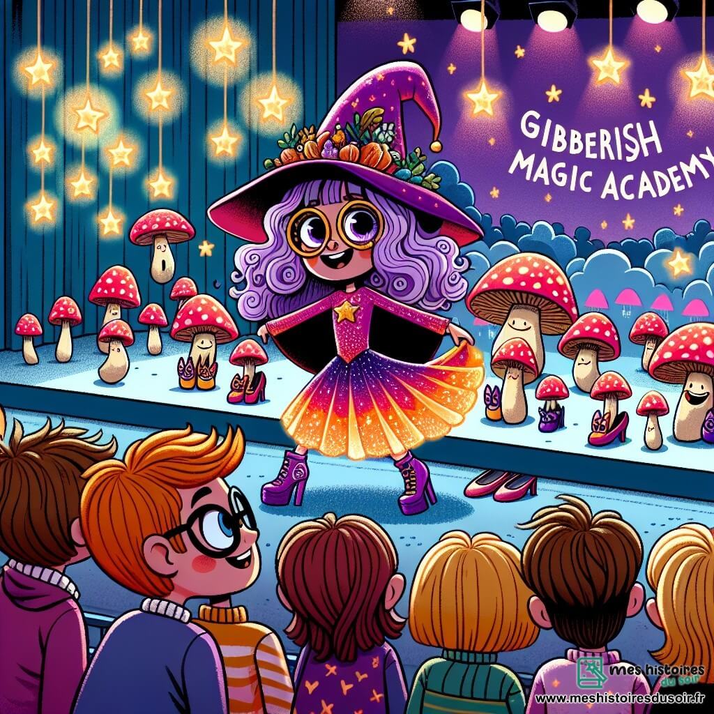 Une illustration sous forme de dessin destinée aux enfants représentant l'intérieur coloré et magique de l'Académie des Charabia-Charms, où une jeune sorcière aux cheveux violets changeants, portant des lunettes rondes et une robe éclatante, se tient sur une scène en train de faire apparaître une forêt de champignons dansants aux chaussures à talons, tandis qu'un jeune garçon aux lunettes, avec un sourire malicieux, l'encourage depuis le bord de la scène, le tout entouré de camarades émerveillés et de décorations scintillantes flottantes.