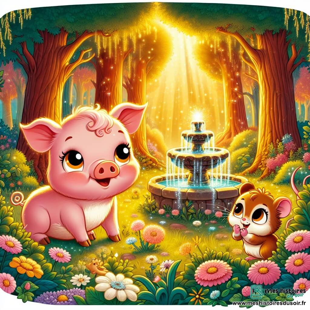 Une illustration sous forme de dessin destinée aux enfants représentant une clairière enchantée au cœur d'une forêt, baignée de lumière dorée, où un cochon rose aux yeux pétillants et à la queue frisée s'approche d'une fontaine étincelante, tandis qu'une petite souris malicieuse aux poils doux et aux yeux brillants le suit avec curiosité, tous deux prêts à faire un vœu pour aider les autres animaux de la forêt, entourés de fleurs colorées et d'arbres majestueux qui chantent au gré du vent.