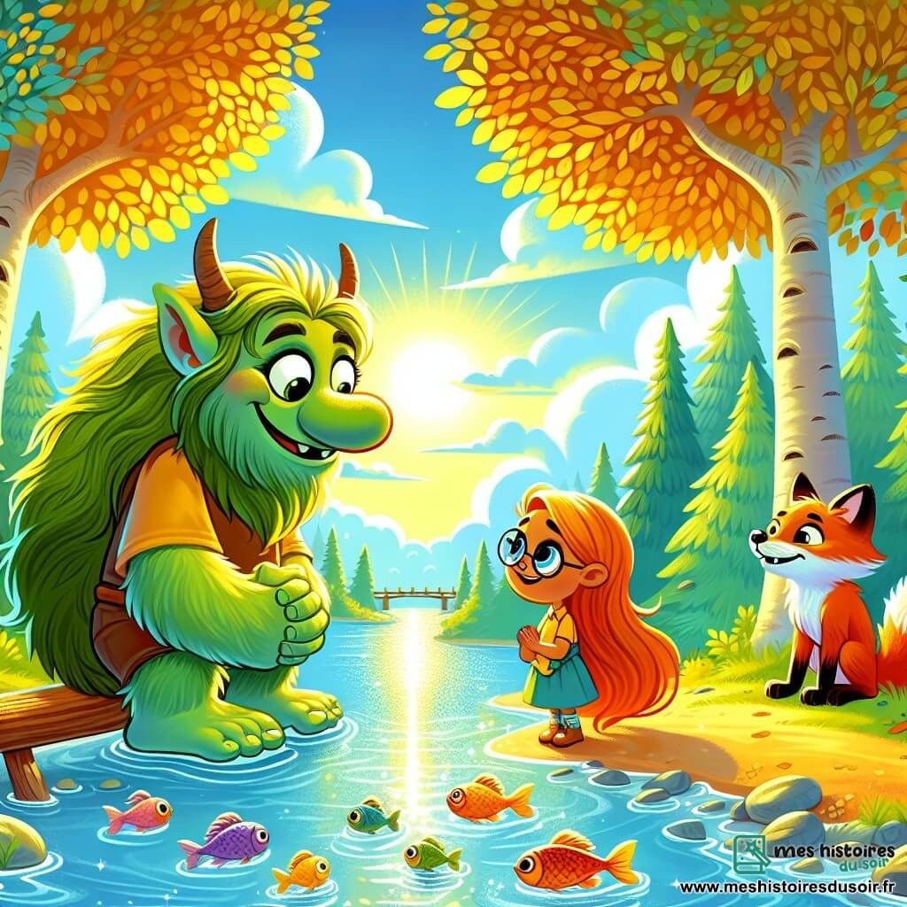 Une illustration sous forme de dessin destinée aux enfants représentant une rivière scintillante entourée d'arbres aux feuilles dorées, où un grand troll à la peau verte, aux yeux ronds et au sourire amical, se penche pour discuter avec une petite fille aux cheveux dorés et aux yeux pétillants, tandis qu'un renard espiègle à la fourrure flamboyante les observe avec curiosité, tous trois unis dans une quête pour sauver les poissons disparus, sous un ciel bleu éclatant parsemé de nuages moelleux.