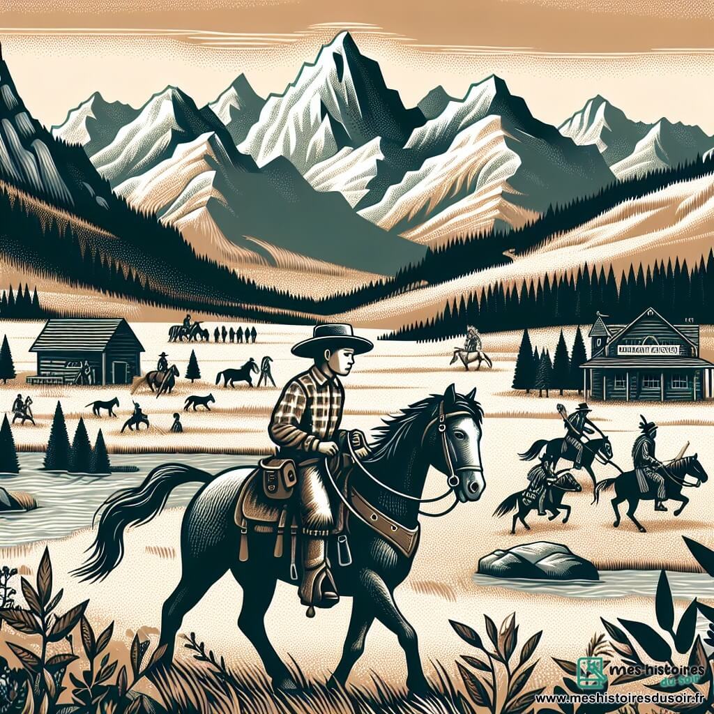Une illustration destinée aux enfants représentant un jeune cow-boy courageux, chevauchant à travers les vastes plaines de l'Ouest sauvage de l'Amérique, accompagné de son fidèle cheval, à la rencontre d'un groupe d'Indiens hostiles dans un petit village entouré de montagnes majestueuses.