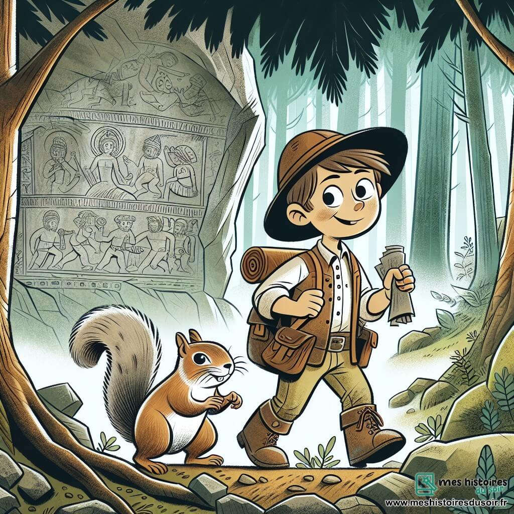 Une illustration destinée aux enfants représentant un jeune explorateur intrépide, accompagné d'un écureuil malicieux, se lançant dans une aventure mystérieuse à travers une forêt dense et une grotte cachée ornée de fresques anciennes.