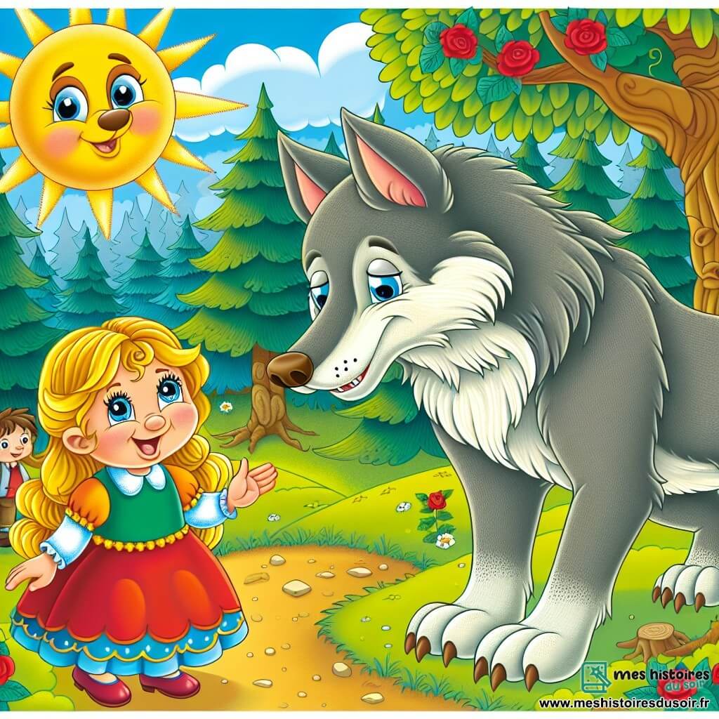 Une illustration sous forme de dessin destinée aux enfants représentant une clairière ensoleillée au cœur d'une forêt enchantée, où une petite fille de 7 ans aux cheveux dorés et aux yeux pétillants, vêtue d'une robe colorée, s'approche avec un sourire amical d'un grand loup au pelage gris, aux yeux bleus tristes, qui se tient timidement à côté d'un arbre, tandis que des enfants du village, curieux et émerveillés, les observent de loin, illustrant ainsi la rencontre inattendue entre la petite fille et le grand méchant loup, symbolisant l'amitié et la compréhension.