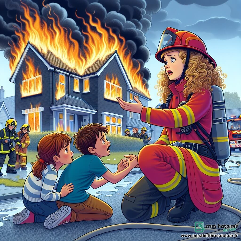 Illustration destinée aux enfants représentant une scène dramatique dans une maison en feu, avec des flammes dansantes et de la fumée noire s'échappant des fenêtres. Au premier plan, une jeune femme pompier, aux cheveux bouclés et au visage déterminé, portant un uniforme rouge vif et un casque, s'agenouille pour rassurer deux enfants : un garçon aux cheveux bruns, tremblant de peur, et une petite fille aux tresses blondes, cachée derrière son frère. La femme tend la main vers eux, son regard empreint de courage et de compassion, tandis qu'en arrière-plan, d'autres pompiers s'affairent à éteindre le feu avec des tuyaux d'incendie, créant un contraste entre le chaos des flammes et le dévouement des héros. Des voisins, inquiets, se tiennent à distance, observant la scène avec admiration et espoir.