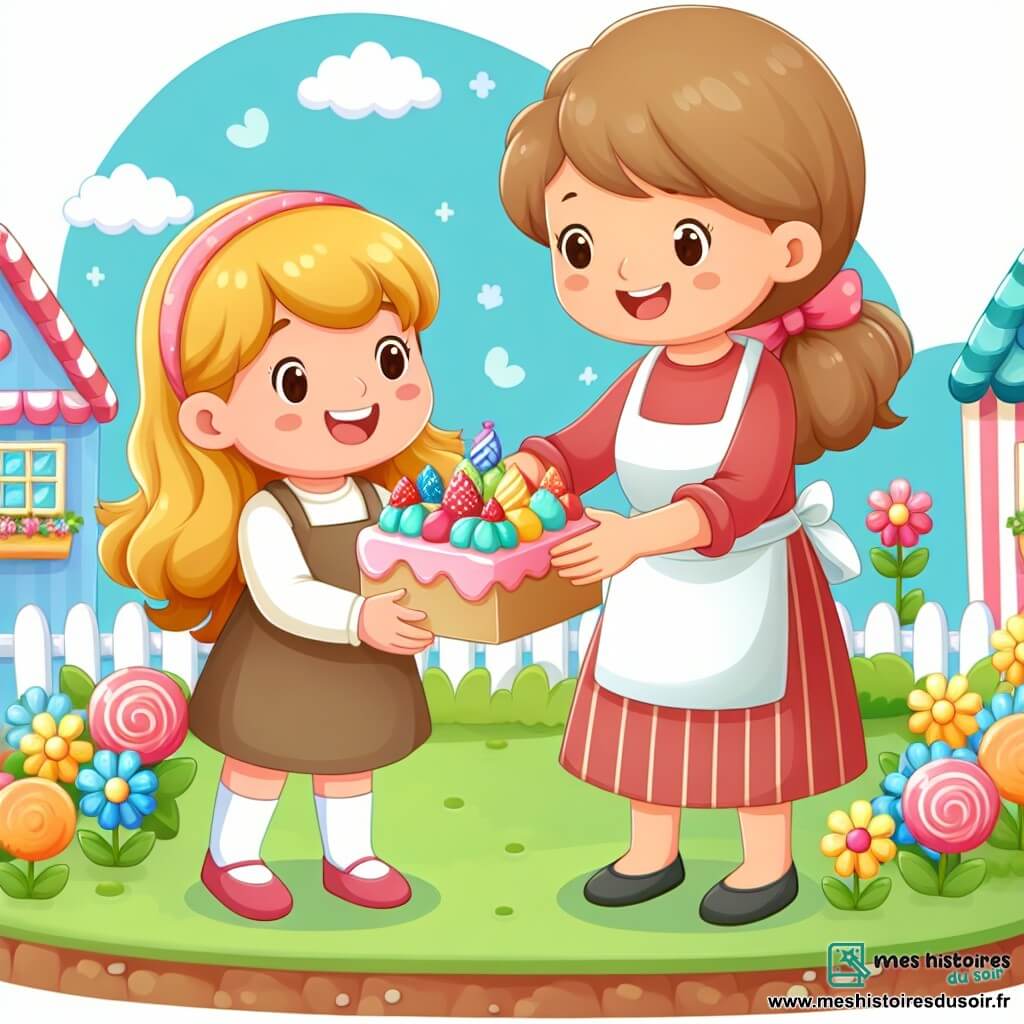Une illustration destinée aux enfants représentant une fillette joyeuse préparant une fête surprise pour son papa adoré, avec l'aide de sa grand-mère, dans un petit village coloré aux maisons en forme de bonbons et aux fleurs multicolores.
