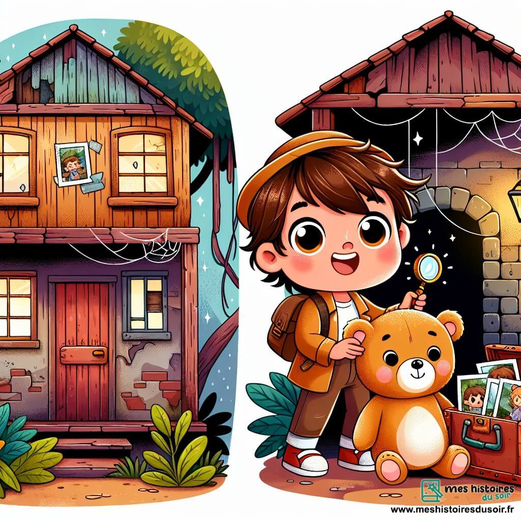 Une illustration sous forme de dessin destinée aux enfants représentant une vieille maison abandonnée, avec des murs en bois usés et des toiles d'araignées, où un petit garçon de 18 mois aux cheveux bruns et aux yeux pétillants, tenant une peluche en forme d'ours, explore avec curiosité, tandis qu'à ses côtés, un ours en peluche souriant semble l'encourager à découvrir une boîte mystérieuse remplie de photos anciennes, illustrant leur aventure en tant que petits enquêteurs à la recherche de trésors cachés.