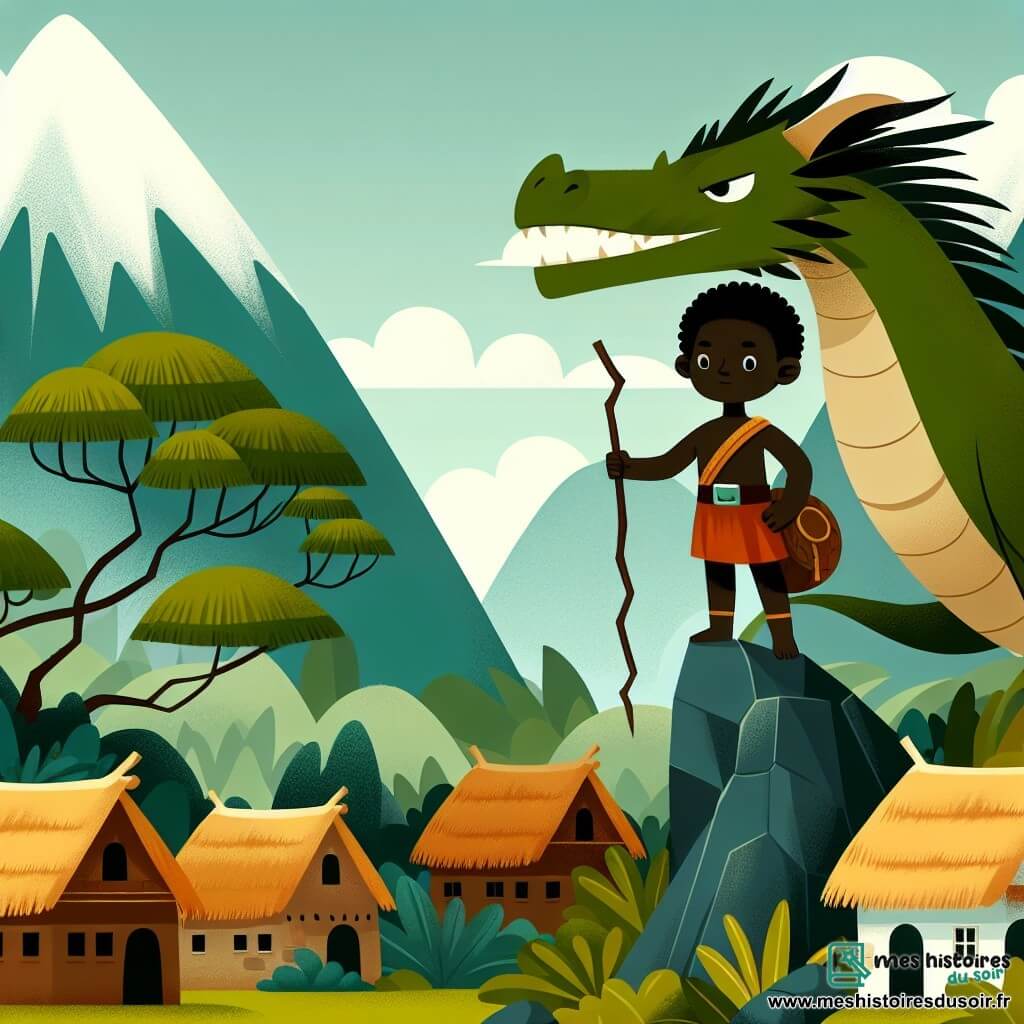 Une illustration destinée aux enfants représentant un homme courageux, se tenant au sommet d'une montagne escarpée, accompagné d'un dragon féroce, dans un village africain entouré d'une forêt épaisse et verdoyante, évoquant la richesse des contes africains.
