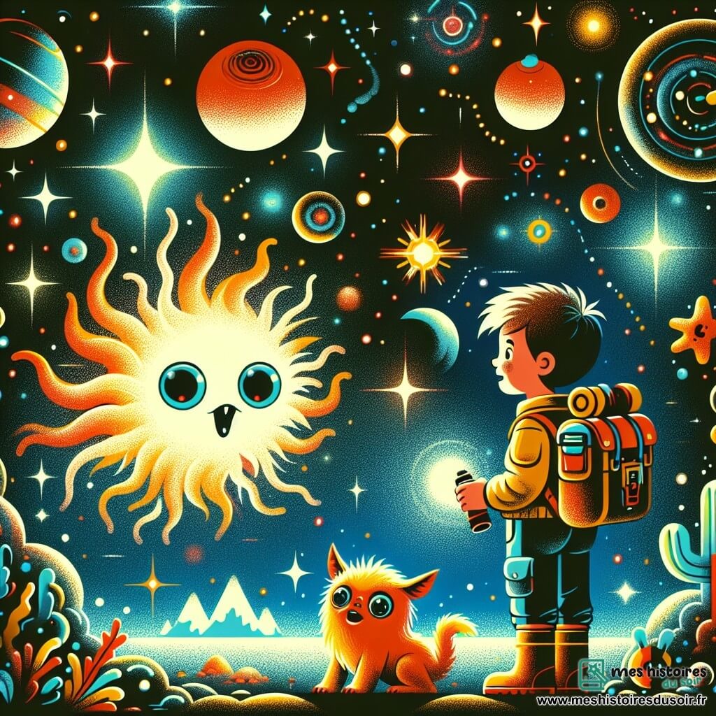 Une illustration destinée aux enfants représentant un explorateur intrépide, confronté à une mystérieuse créature lumineuse, dans un univers futuriste où les étoiles brillent de mille couleurs chatoyantes et les planètes étranges et fascinantes flottent dans l'espace.