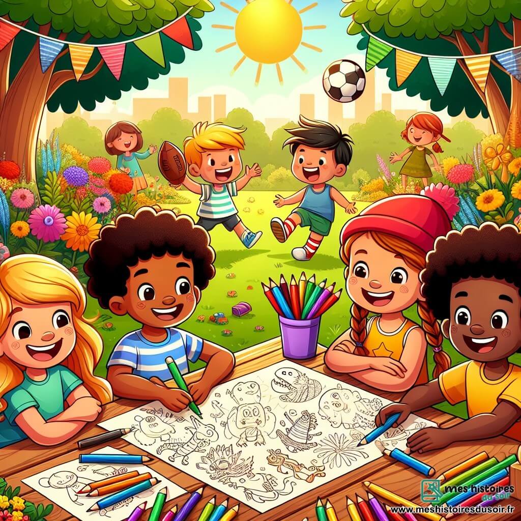 Illustration d'un parc ensoleillé avec des fleurs colorées et des arbres majestueux. Au centre, une grande table en bois est entourée d'enfants joyeux. Une fille de 8 ans, cheveux bruns et bouclés, portant un bonnet rouge, dessine des monstres. À côté, un garçon de 9 ans, cheveux noirs, jongle avec un ballon de football. Une autre fille de 7 ans, cheveux blonds et tressés, admire les dessins. Un garçon de 10 ans, peau foncée et cheveux crépus, tient un crayon et explique une idée. La scène montre des enfants créant ensemble, avec des crayons de couleur sur la table et des dessins de dragons et de princesses. En arrière-plan, d'autres enfants jouent et rient, illustrant la camaraderie et la diversité, tandis que des banderoles colorées flottent pour le festival de la diversité à venir.
