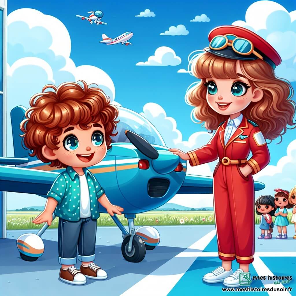 Une illustration sous forme de dessin destinée aux enfants représentant un aéroport ensoleillé avec un ciel bleu éclatant, où une femme pilote aux cheveux bouclés et à la combinaison rouge vif se tient à côté de son petit avion bleu, souriante et prête à embarquer un jeune garçon aux yeux pétillants et aux cheveux châtains, qui est impatient de découvrir le ciel, tandis qu'ils se préparent à vivre une aventure aérienne pleine de magie et d'excitation, entourés de nuages blancs moelleux et d'autres enfants curieux observant la scène avec émerveillement.