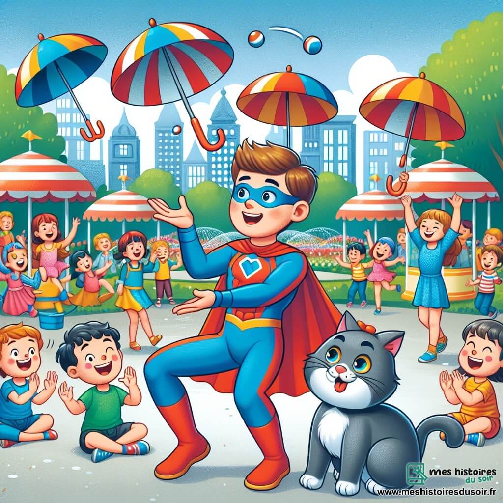 Une illustration sous forme de dessin destinée aux enfants représentant un parc coloré de Luminaville, où un jeune homme en costume de super-héros aux couleurs vives (bleu et rouge) jongle joyeusement avec des parapluies, tandis qu'un chat gris aux yeux malicieux, flottant légèrement au-dessus du sol, l'observe avec amusement, et des enfants rient et applaudissent autour d'eux, créant une atmosphère festive et pleine de joie.